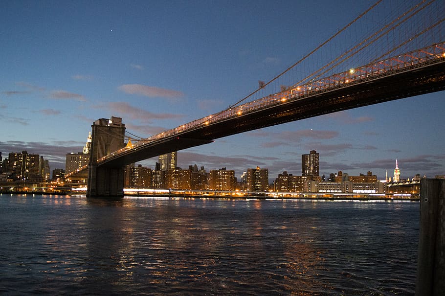 bridge, city buildings, brooklyn bridge, manhattan, downtown, nyc, new york, skyline, america, architecture