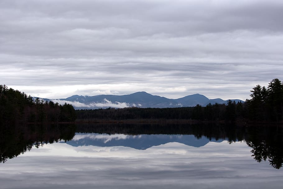 clouds, mountain, lake, reflection, water, nature, outdoors, trees, fog, mist