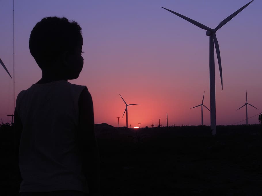 Boy, Wind, Sunset, elices, silhouet, afternoon, wind power, fuel and power generation, wind turbine, alternative energy
