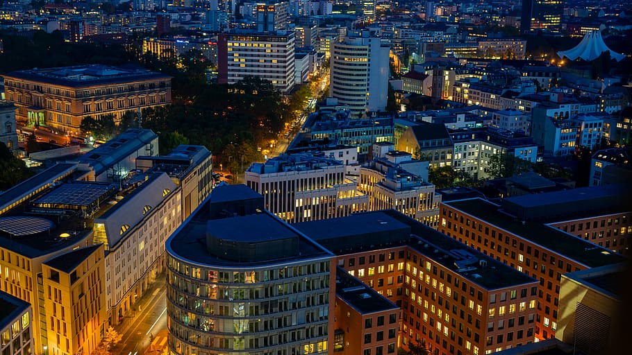 berlin, night photograph, long exposure, night, panorama, houses, building, light, road, capital