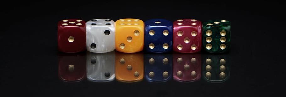 six, assorted-colored, dies, black, surface, cube, roll the dice, play, luck, patience