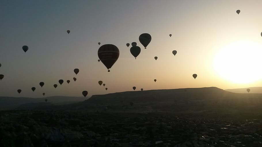 hot air balloon, balloon, hot air balloon ride, adventure, turkey, cappadocia, sunrise, mid-air, sky, flying