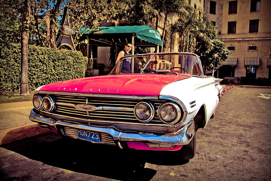 red, white, coupe, parked, parking, curb, cuba, antique car, truck, car