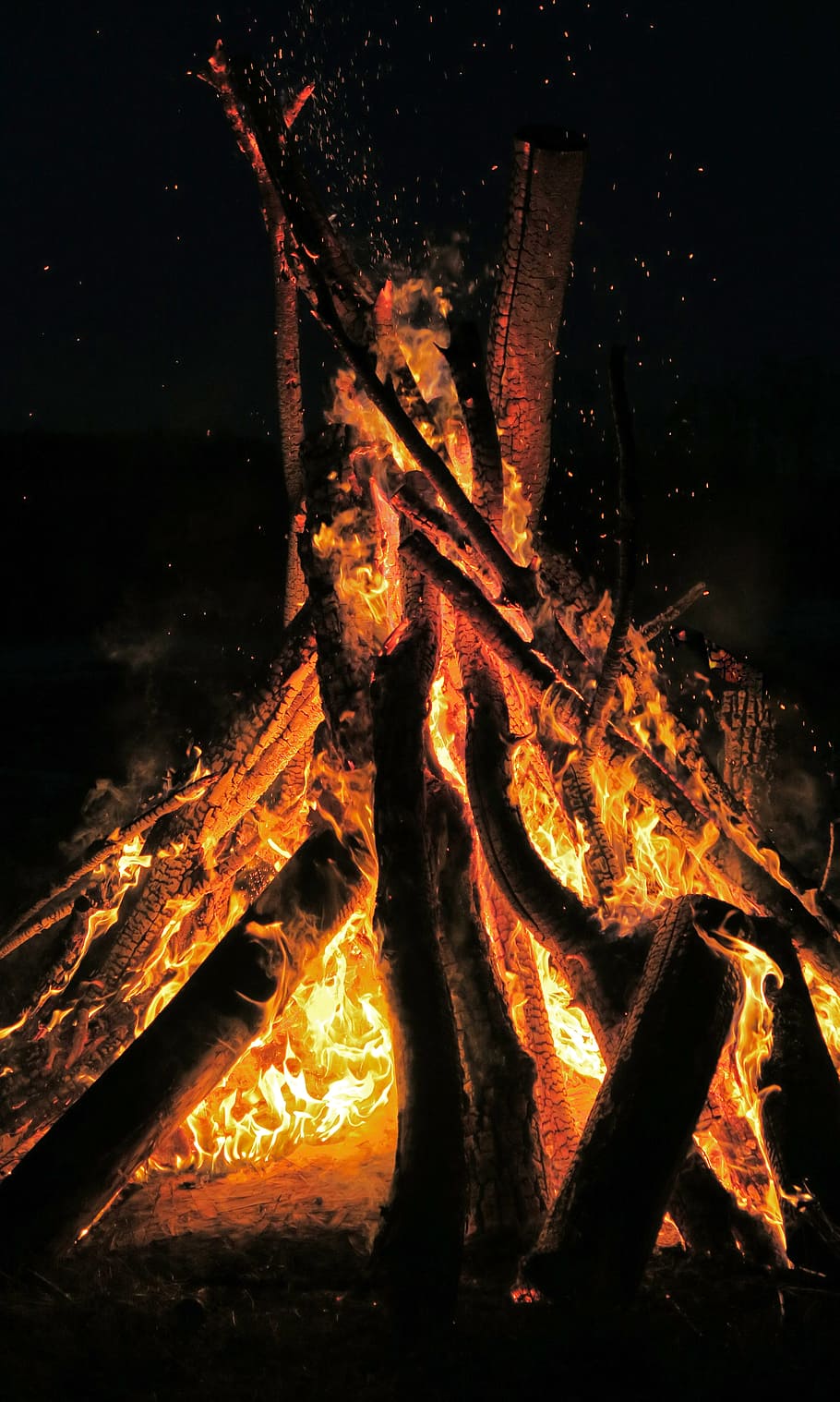 bonfire, flame, night, intense, blaze, orange, sparks, fire, fire - natural phenomenon, burning
