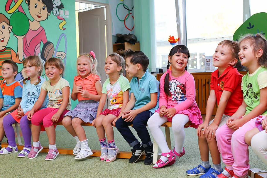 children, sitting, bench, inside, room, kindergarten, clown, garden, animator, holiday