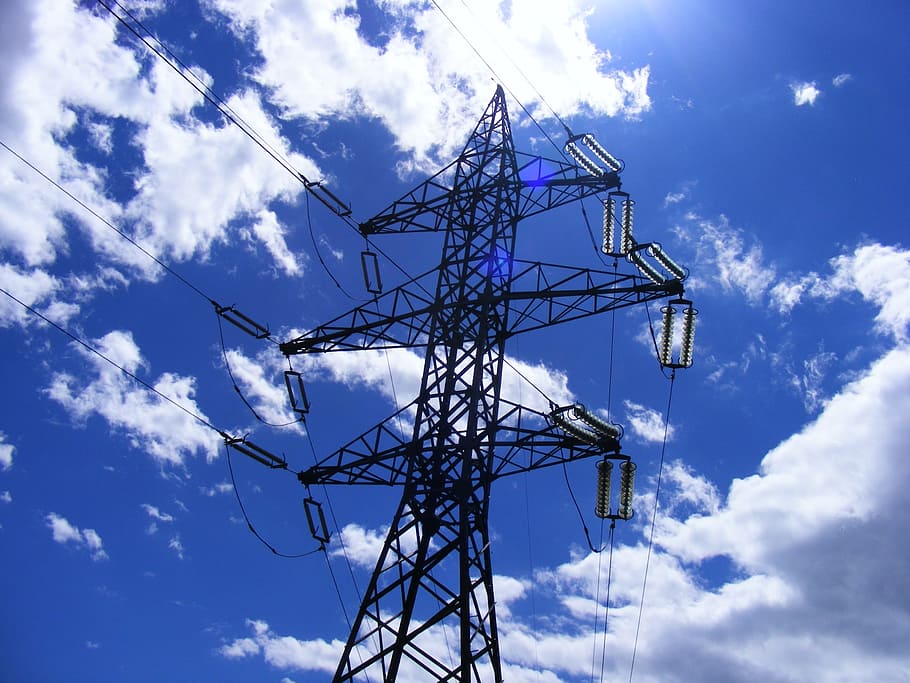 black, metal tower, blue, white, sky, electricity, power, line, industries, energy