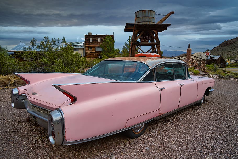 cadillac, nevada, pink, clouds, oldtimer, old, sky, color, dark, nelson