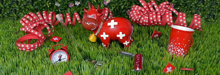 red-and-white, christmas-themed decorations, grass, national day, switzerland, celebrate, souvenirs, flag, swiss flag, sac diameter