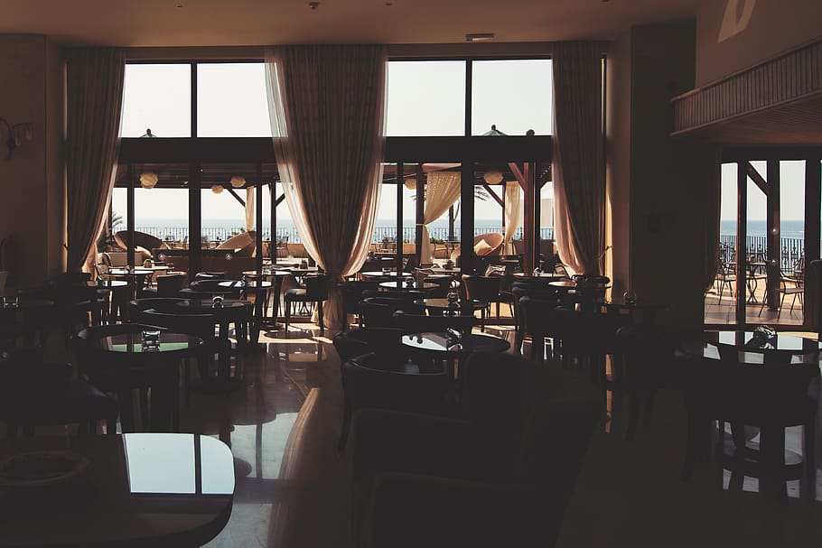 restaurant, table, chairs, windows, curtains, seat, chair, indoors, window, day