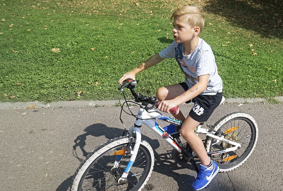 boy, child, going, bike, park, summer, t-shirt, alley, grass, motion