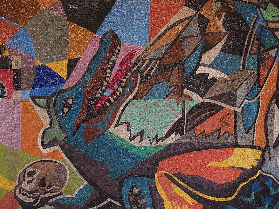 christian motif, dragons, mosaic, death, underworld, multi colored, art and craft, creativity, full frame, wall - building feature