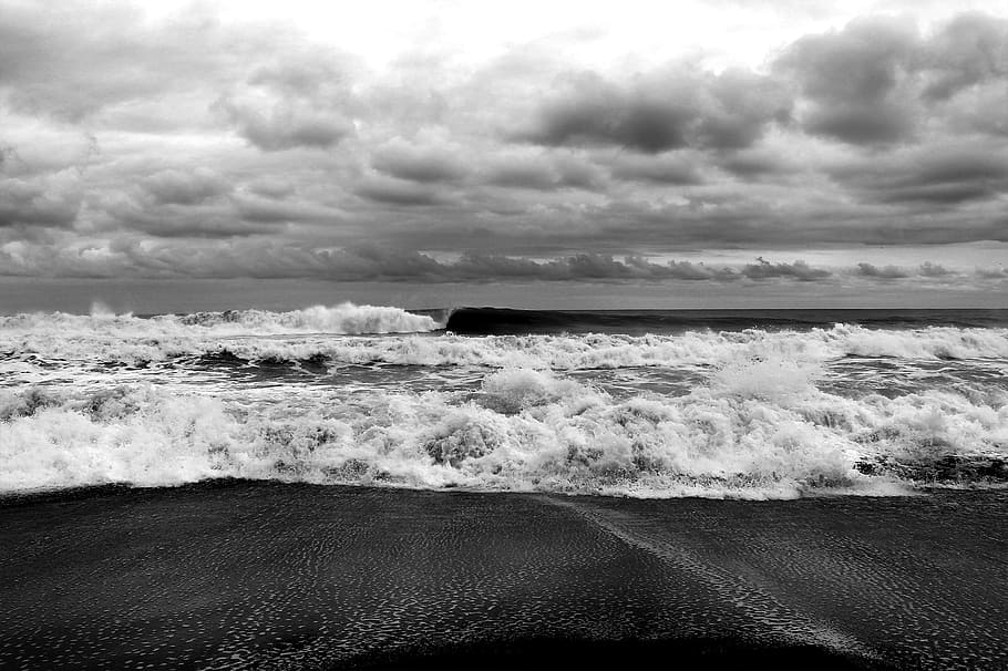 회색조 사진, 파도, 흐린, 하늘, 해안, 바다, 해변, 구름, 흑백, 구름-하늘