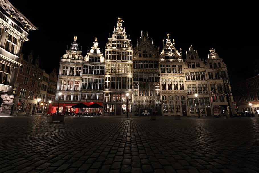 Belgia, Antwerp, Square, Evening, malam, eksterior bangunan, arsitektur, tujuan perjalanan, diterangi, struktur yang dibangun
