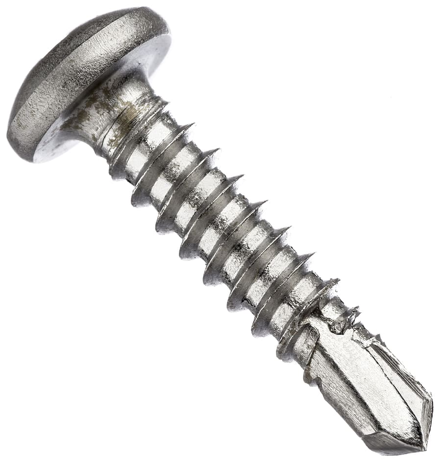 screw, nail, hardware, metal parts, parts, white background, studio shot, metal, indoors, single object