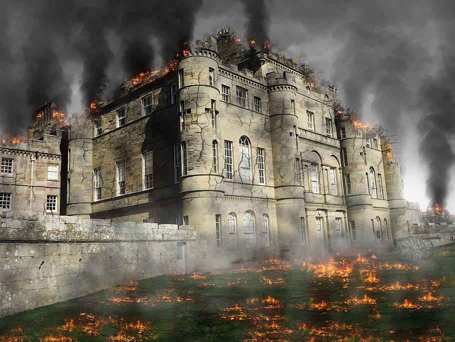 burning, brown, castle, ruin, attack, destruction, architecture, building exterior, built structure, smoke - physical structure