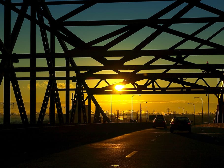 two, black, cars, bridge, skyway, chicago, illinois, morning, traffic, sunset