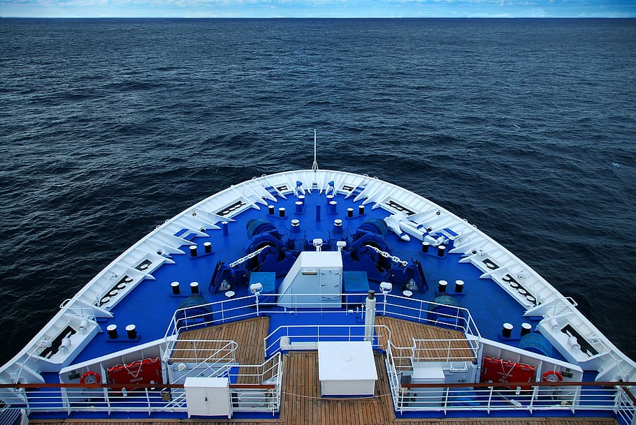 blue, white, ship, voyage, cruise, bow, luxury, travel, sea, nautical
