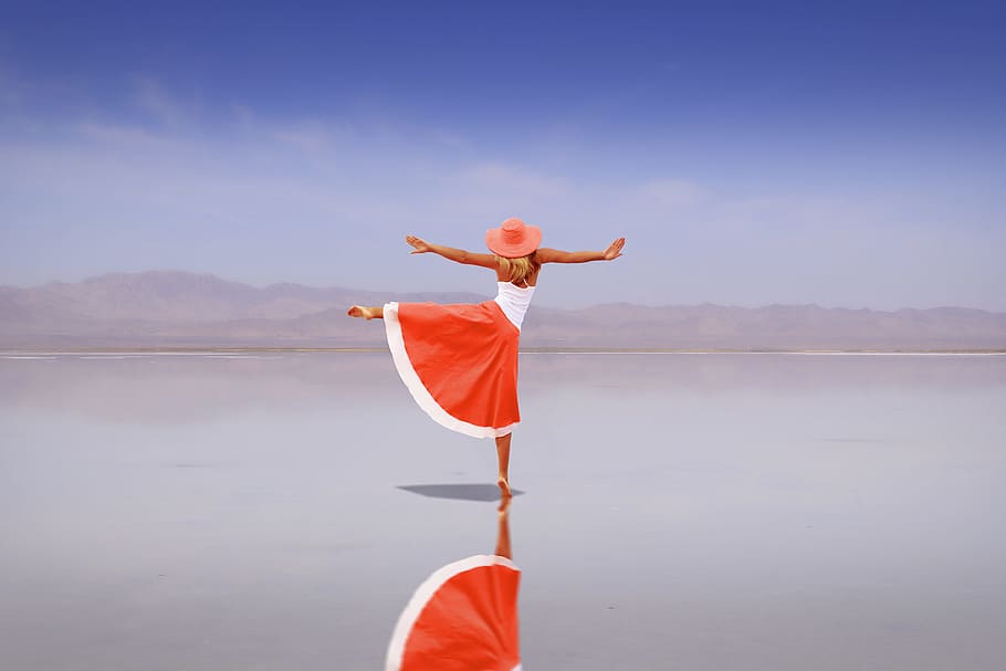 woman, red, white, dress, beach, sea, dancing, girl, ballerina, ballet