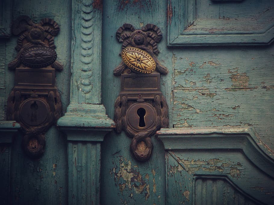 green, wooden, door, brown, lock, handle, blue, key, open, old door