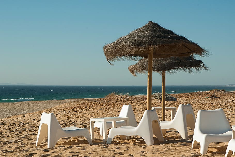 beach, parasols, beach chairs, atlantic ocean, chair, sea, land, seat, water, sky