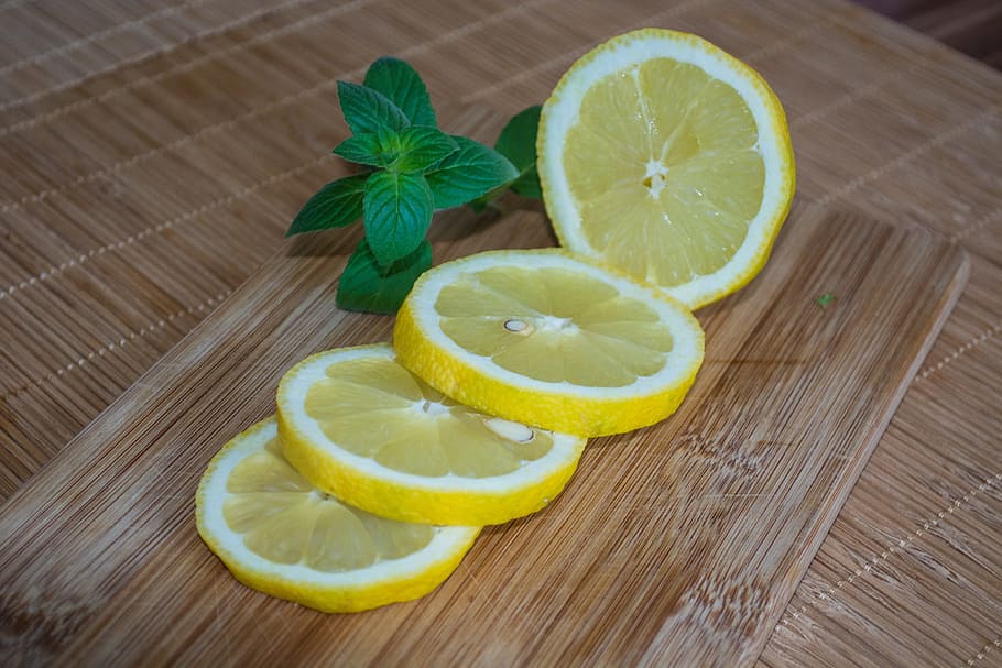 sliced, lemon, chopping, board, Lemons, Vitamins, summer, refreshment, healthy, yellow