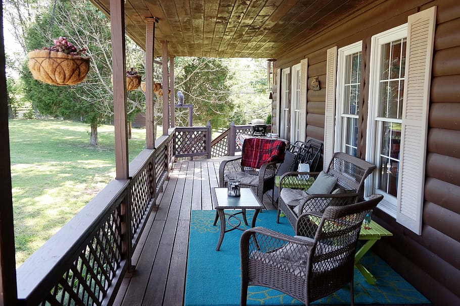 chairs, front, handrails, porch, country living, covered porch, summer, deck, log cabin, outdoors