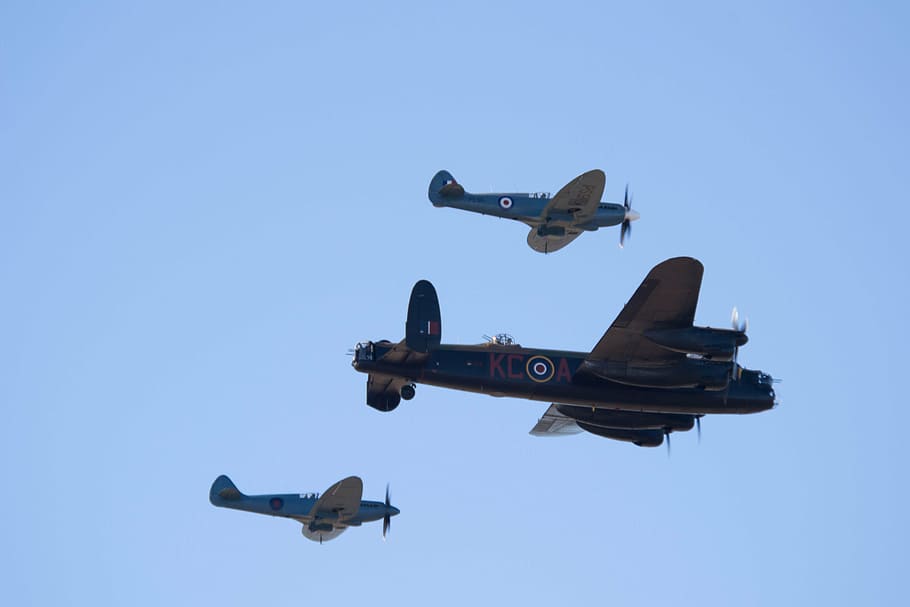 southport airshow, spitfire, hurricane, lancaster, battle of britain, airplane, air vehicle, sky, military, flying