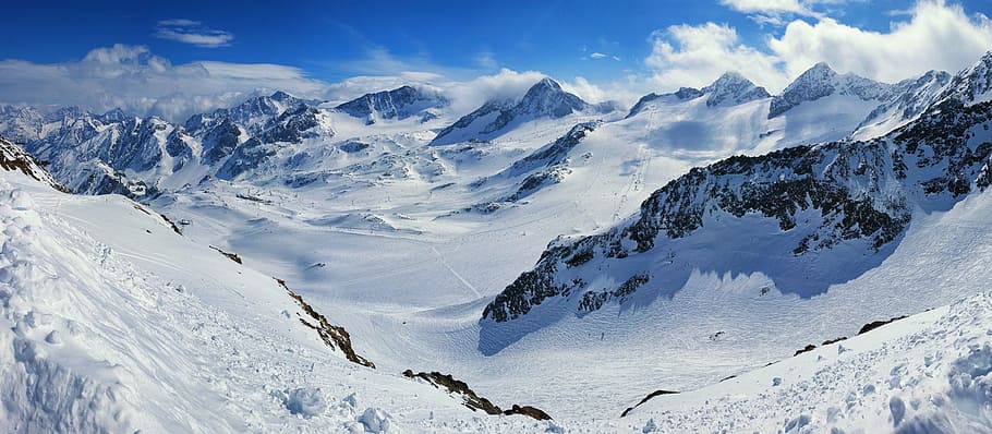 montanhas da neve, hora do dia, geleira de stubai, geleira stubai, alpino, dia dos sonhos, esportes de inverno, passeio, esporte, inverno