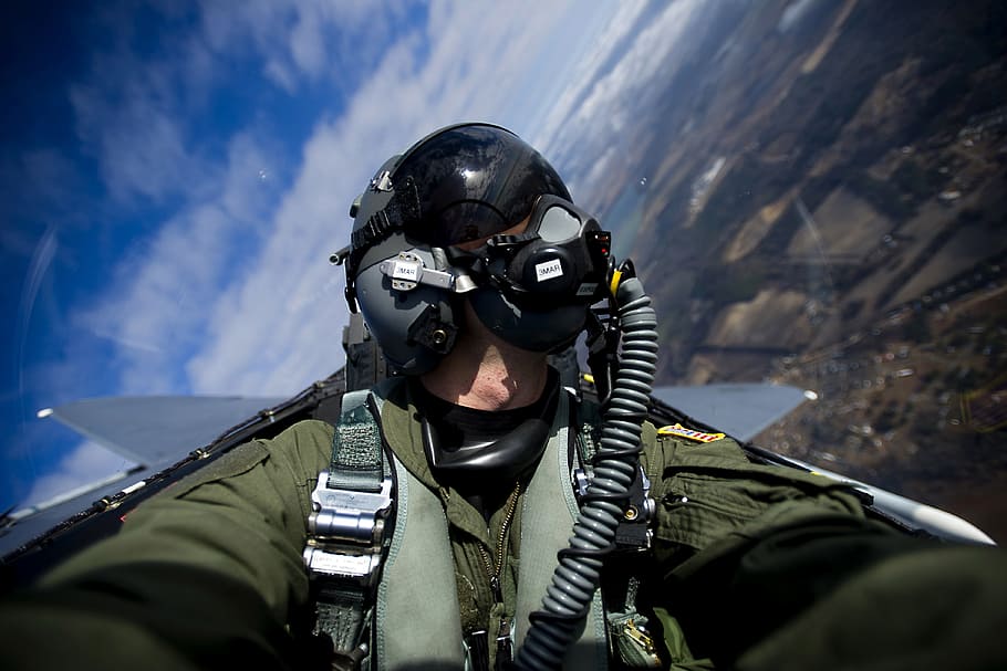 飛行機, 撮影, selfie, 米国空軍, パイロット, 航空機, ジェット, 空, 雲, 飛行