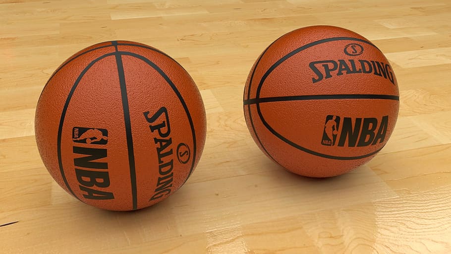 dos, marrón, balones de baloncesto de la nba spalding, de madera, piso, licuadora, pelota, baloncesto, 3d, olivier