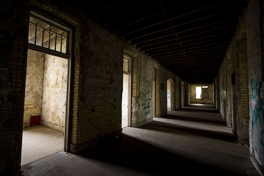 sunlight, windows, hallway, scary, ruins, abandoned, dark, corridor, old, empty