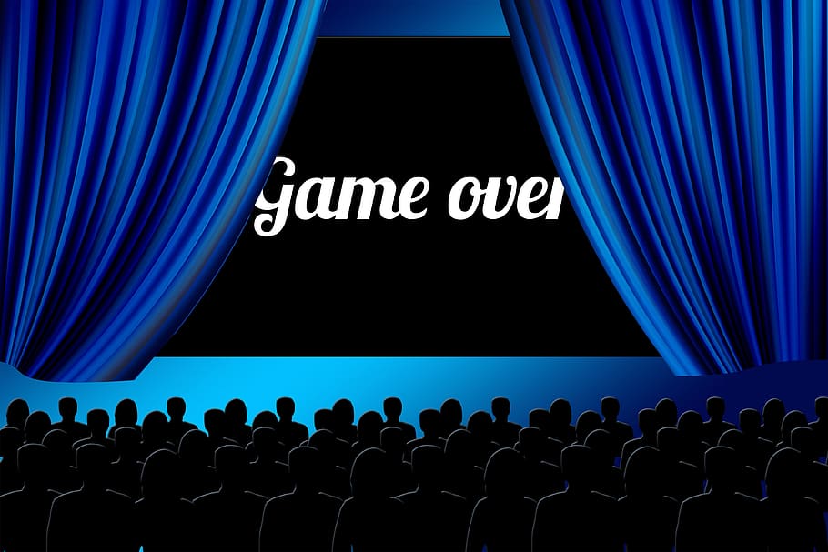 theater screen, showing, game, cinema, viewers, film, video, end, curtain, closed