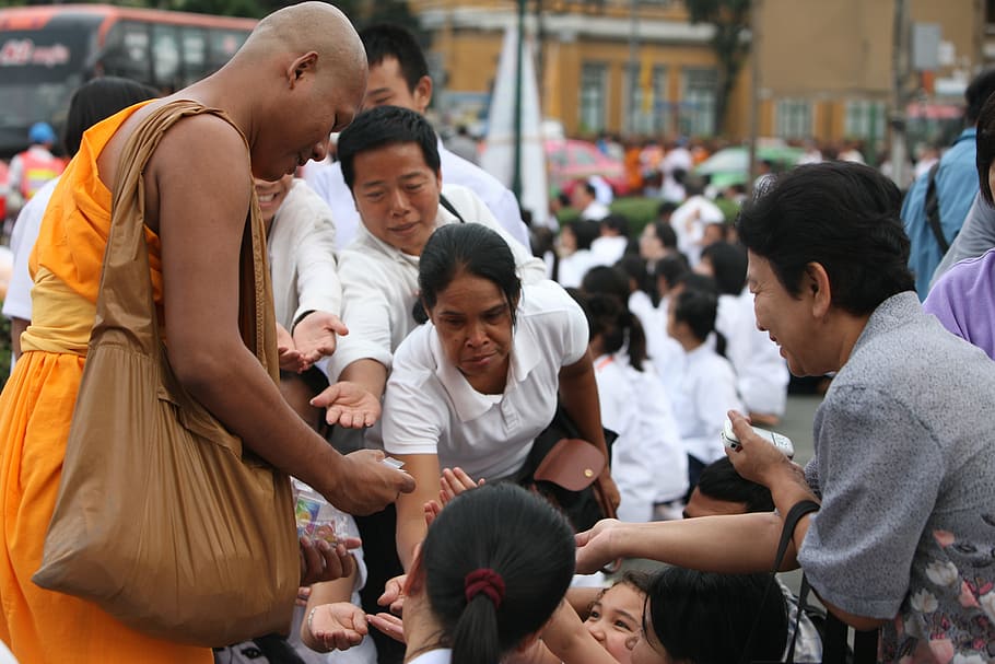 people lending hand, monk, buddhists, monks, buddhism, orange, robes, thai, donation, wat