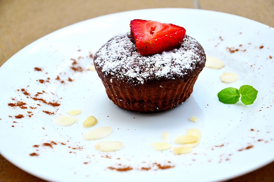 chocolate cupcake, strawberry, top, white, ceramic, plate, cupcake, pastry, dessert, chocolate