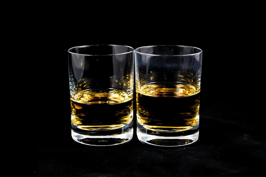 two, clear, drinking rock glasses, drink, alcohol, cup, whiskey, the drink, glass, refreshment