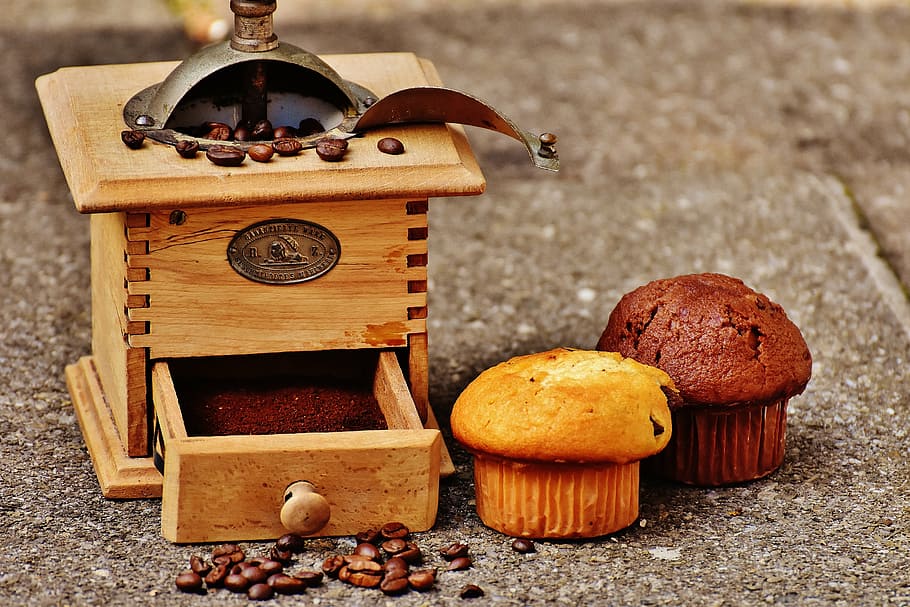 moedor, muffin, bolo, café, grãos de café, delicioso, apreciar, aproveitar, bolos, chocolate
