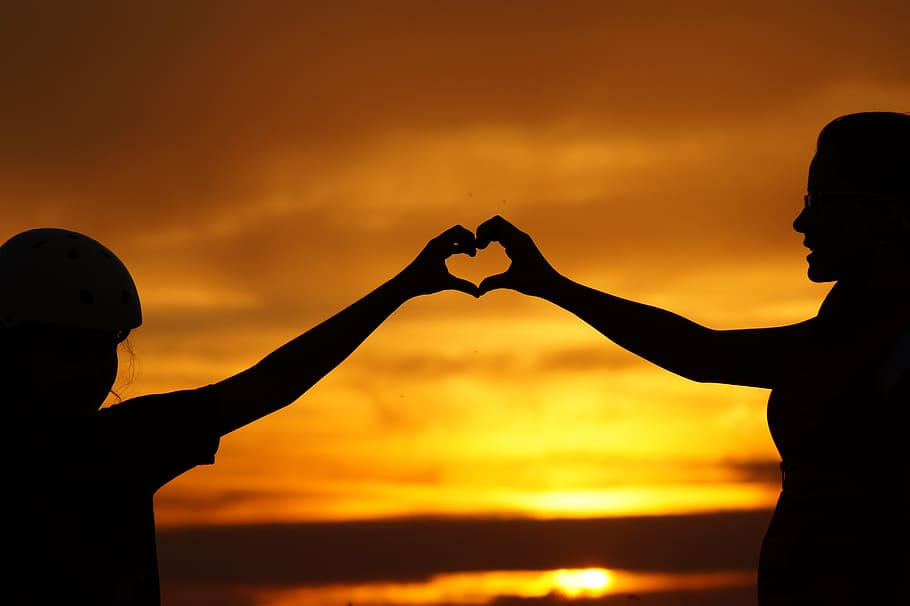 silhouette photography, people, heart hand sign, sunset, love, family, heart, parent, eternal love, mother