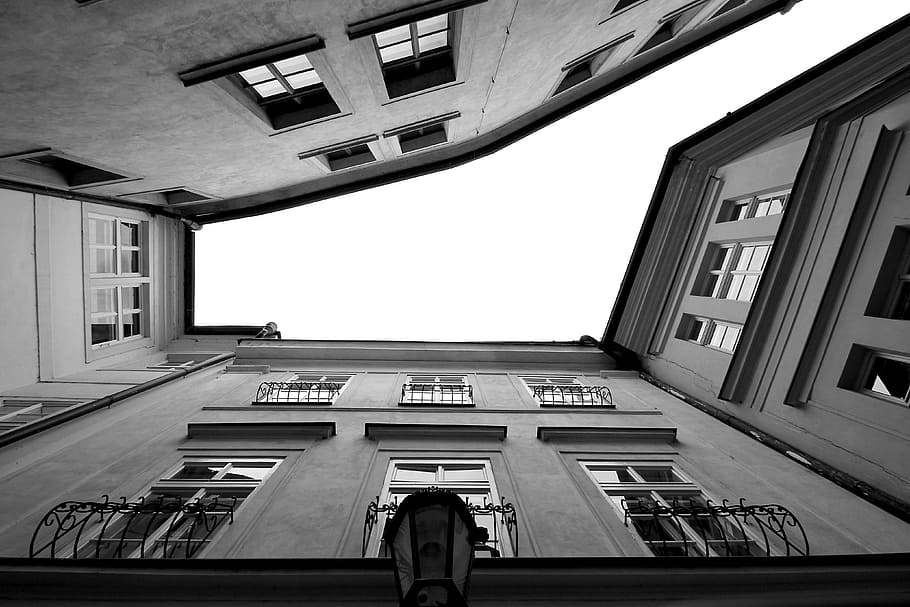 street, buildings, perspective, houses, windows, white, black, city, urban, light