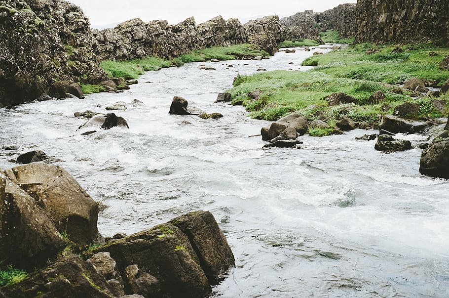 river, stream, water, rocks, boulders, grass, fields, nature, outdoors, rock