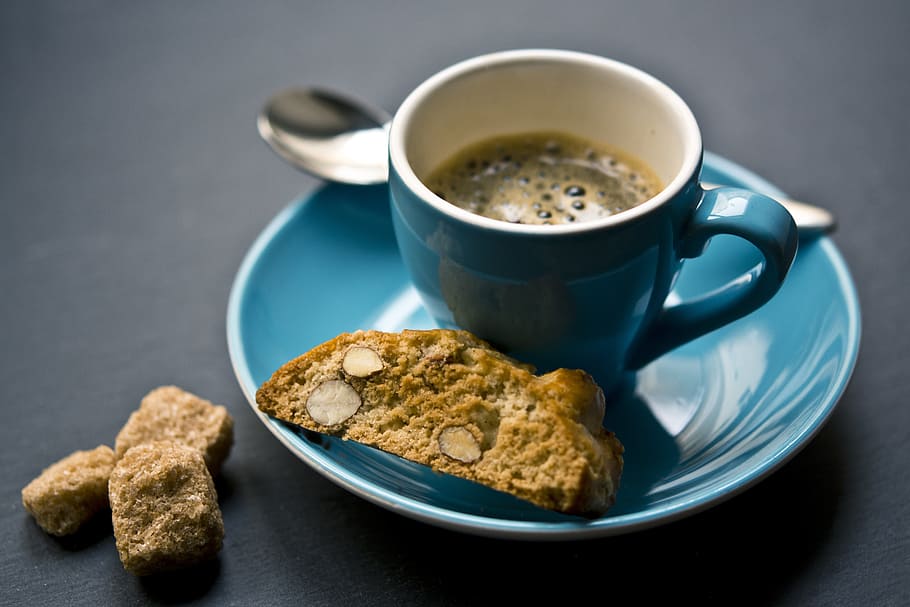 coffee, blue, ceramic, mug, cookie, espresso, spoon, cantuccini, almond, cookies