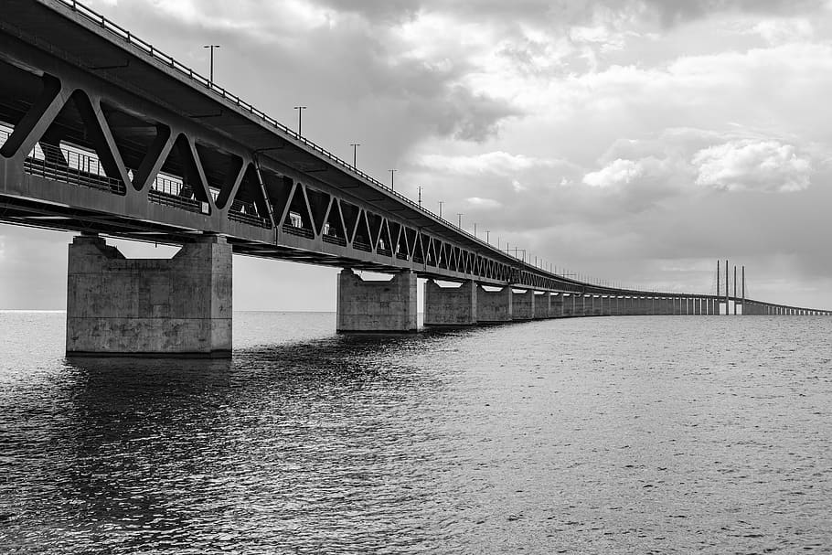 the öresund bridge, black and white, sound, bro, malmö, sea, baltic, the connection, sweden, water