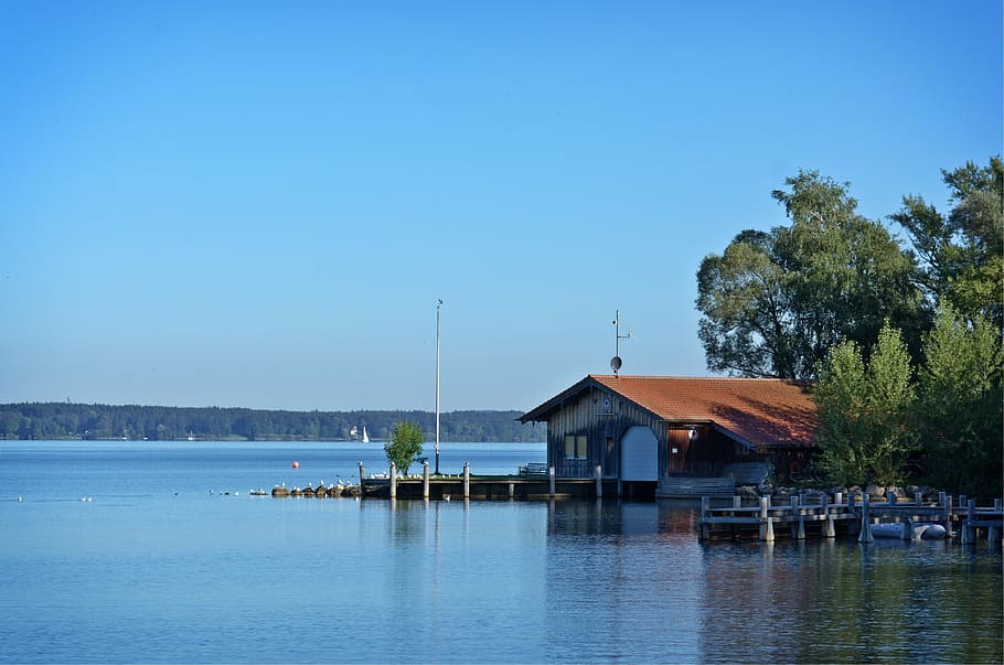 Log Cabin, Boat House, Boardwalk, Web, nature, water, lake, chiemsee, home, built structure