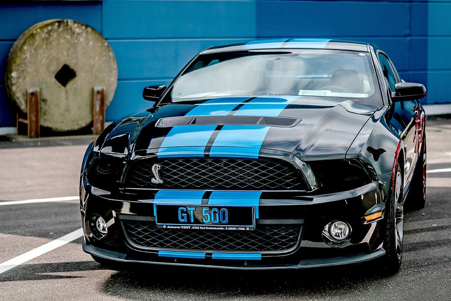 preto, azul, ford, mustang, 500, cupê, asfalto, superfície, auto, veículo