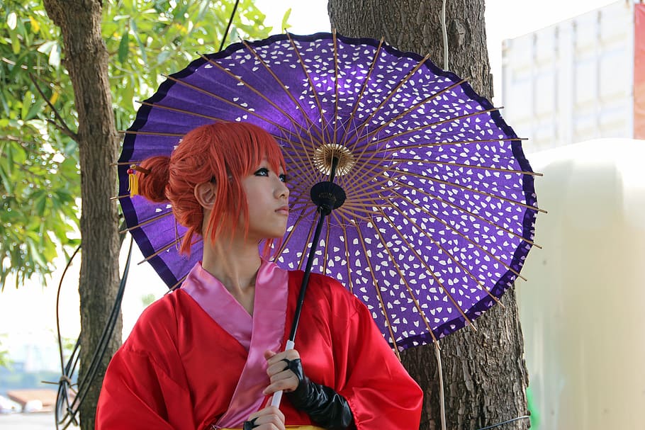 wanita, merah, kimono, memegang, ungu, payung, wanita merah, kimono merah, manga, jepang
