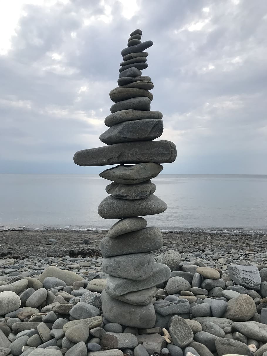beach, stone cairn, cairn, meditation, balance, stability, water, pebbles, ocean, soul