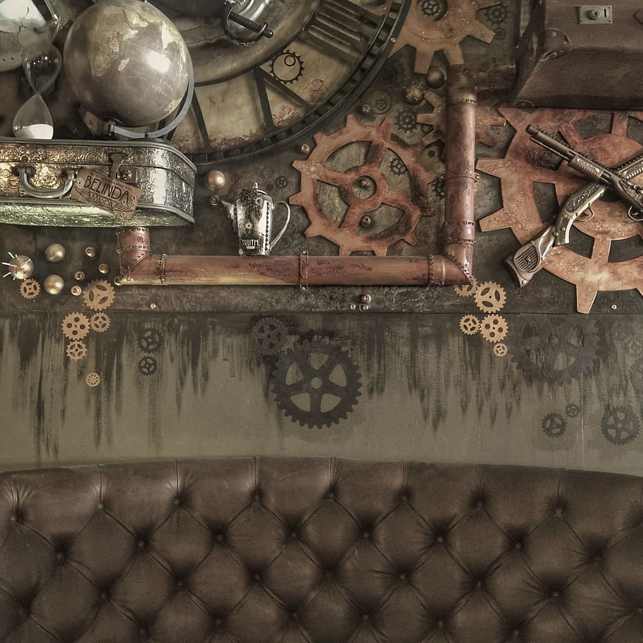 marrón, gris, globo del mapa del mundo, decoraciones de pared de pistolas, foto, copetudo, cuero, tablero, steampunk, interior