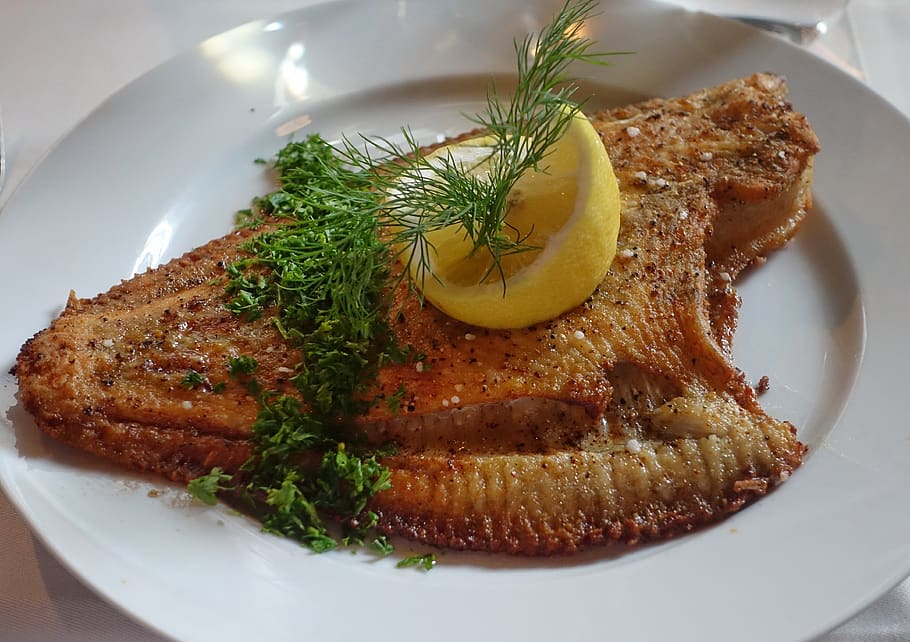 plaice, fish, flatfish, fried, lemon, roasted, refreshments, food, dining, taste