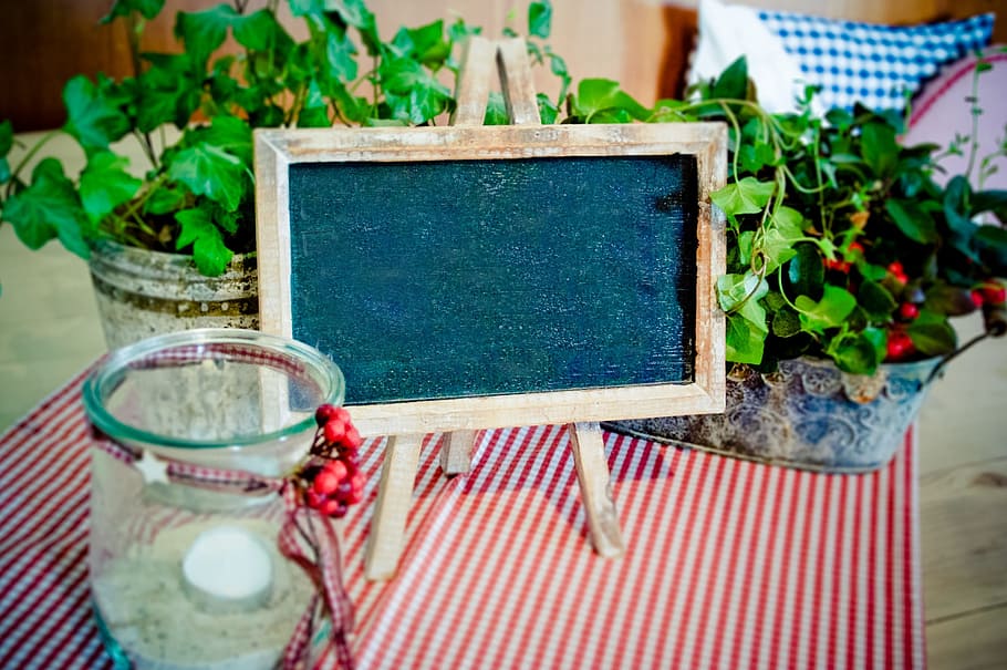 clear, brown, wooden-framed chalkboard, black, white, metal planters, green, leafed, plants, blackboard