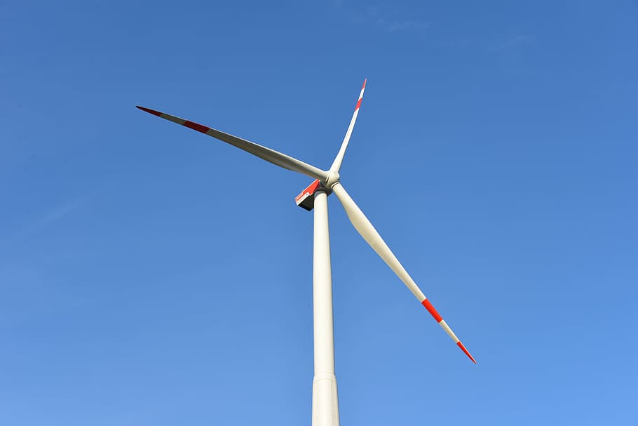 white, red, wind turbine photo, rotor, pinwheel, energy, eco energy, sky, blue, environmental technology