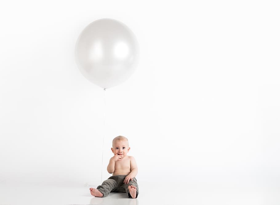 balloons, child, baby, minimalist, white background, cute, portrait, sitting, childhood, full length